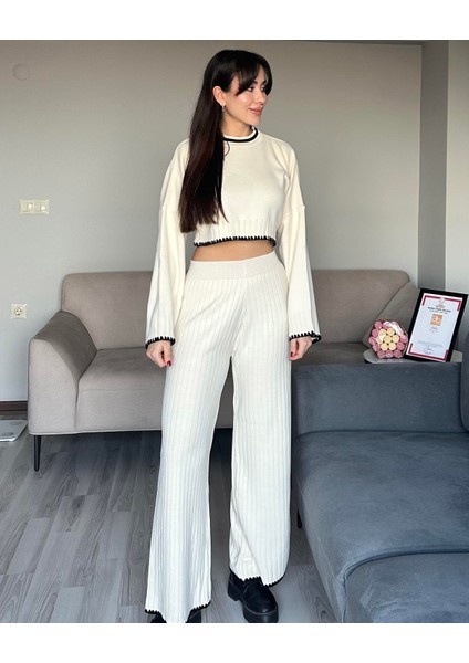 Kadın Ekru Nakışlı Kalın Kışlık Crop Triko Kazak ve Palazzo Pantolon Alt Üst Takım Triko Ikili Takım