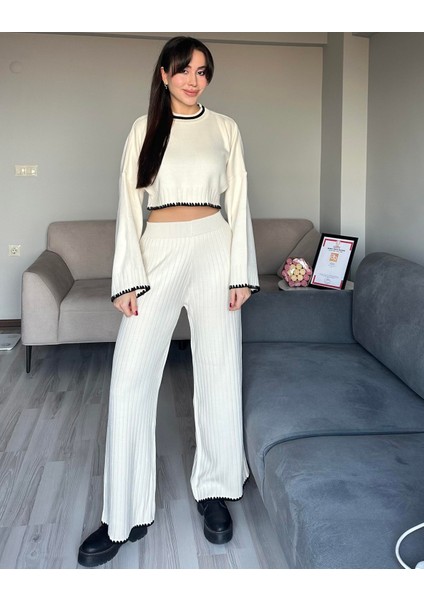 Kadın Ekru Nakışlı Kalın Kışlık Crop Triko Kazak ve Palazzo Pantolon Alt Üst Takım Triko Ikili Takım indirimleri