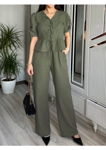 Kadın Haki Yeşil Ön Bağlamalı Bluz ve Pantolon Ikili Takım %100 Pamuk Müslin Alt Üst Takım
