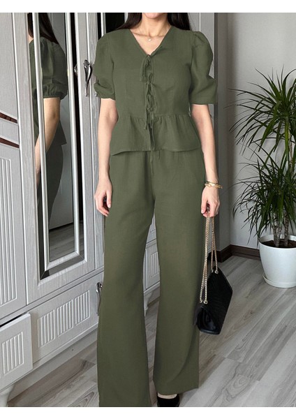 Kadın Haki Yeşil Ön Bağlamalı Bluz ve Pantolon Ikili Takım %100 Pamuk Müslin Alt Üst Takım fiyatları