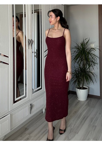 Kadın Bordo Askılı Vücuda Oturan Simli Pırıltılı Düğün Davet Özel Gün Elbisesi Uzun Maxi Kalem Elbise