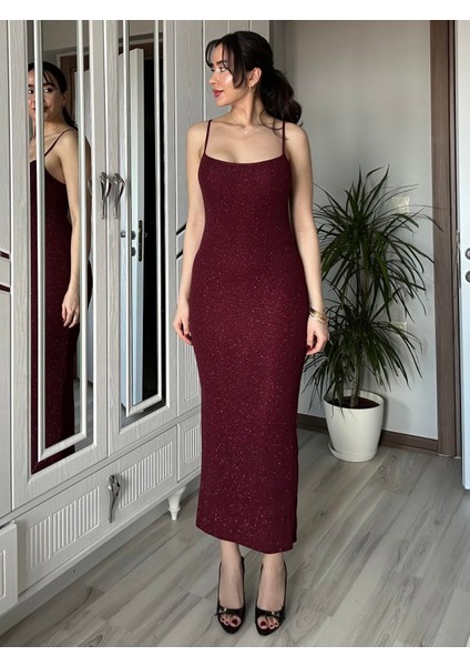 Kadın Bordo Askılı Vücuda Oturan Simli Pırıltılı Düğün Davet Özel Gün Elbisesi Uzun Maxi Kalem Elbise modelleri