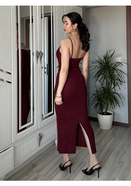 Kadın Bordo Askılı Vücuda Oturan Simli Pırıltılı Düğün Davet Özel Gün Elbisesi Uzun Maxi Kalem Elbise indirimleri