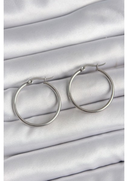 316 Çelik Gümüş Renk 27 mm Halka Model Kadın Küpe