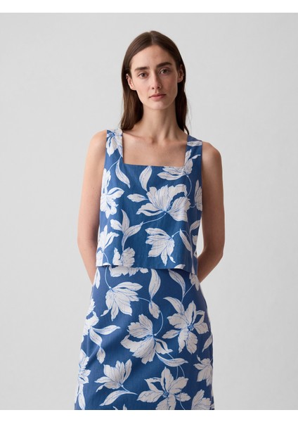 Kadın Mavi Keten Karışımlı Crop Bluz