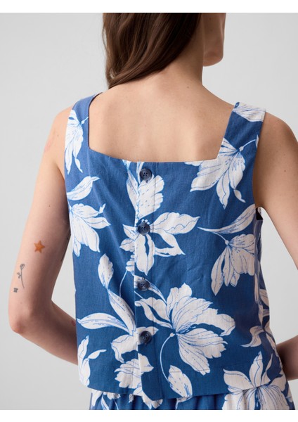 Kadın Mavi Keten Karışımlı Crop Bluz