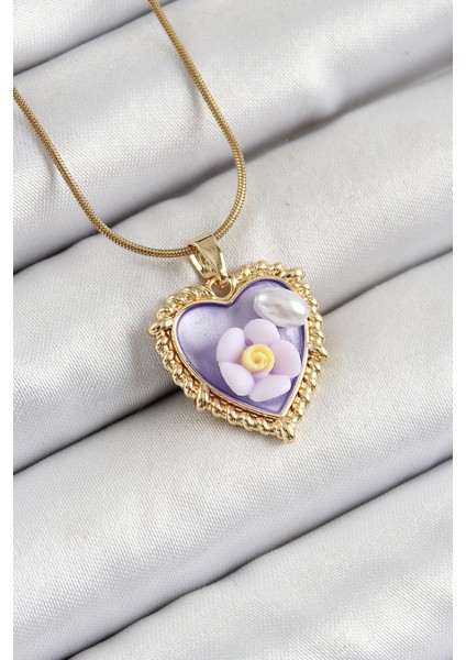 316L Çelik Zincir Mor Sanatsal Portre Inci Detaylı Papatya Figürlü Kalp Model Gold Renk Kadın Kolye - Lisinya
