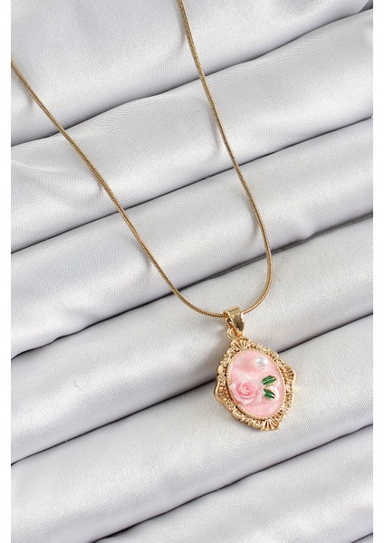 316L Çelik Zincir Pembe Sanatsal Portre Inci Detaylı Gül Figürlü Model Gold Renk Kadın Kolye - Lisinya fiyatları