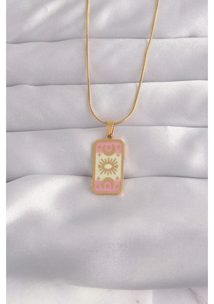 316L Çelik Gold Renk Karışık Mineli Ay Figür Tarot Kolye