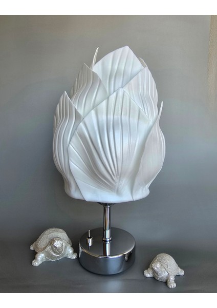 Abajur, Pilli Abajur, Pilli Gece Lambası, Pilli Masa Lambası, kablosuz Abajur, Beyaz Midye Desen Eva Krom Ayak