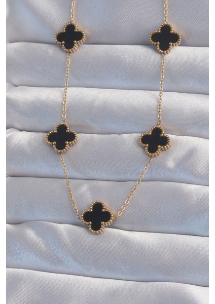 316L Çelik Gold Renk Siyah Mineli Yonca Kolye