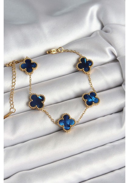 316L Çelik Sedefli Lacivert Gold Renk Yonca Kadın Bileklik