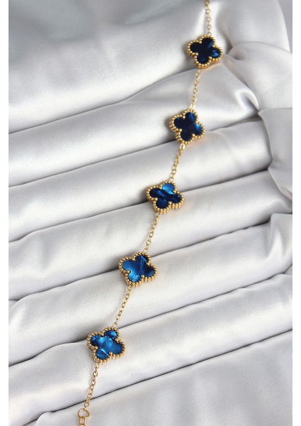 316L Çelik Sedefli Lacivert Gold Renk Yonca Kadın Bileklik fiyatları