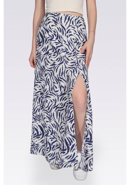 Kadın Yüksek Bel Beyaz Yırtmaçlı Mavi Zebra Desenli Etek modelleri