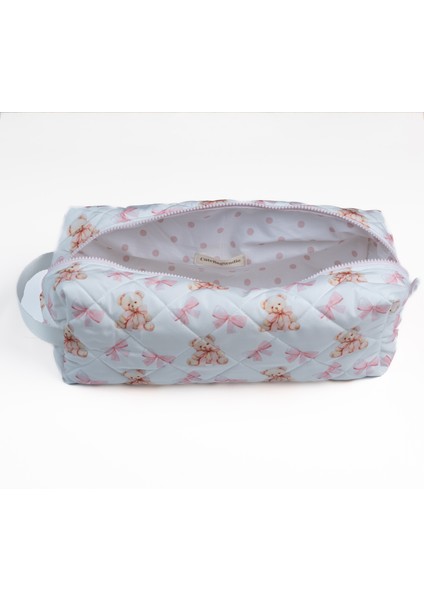 Ayıcık ve Kurdele Desenli Suya Dayanıklı Kapitoneli Saç Şekillendirici Çantası, Airwrap ve Tüm Saç Şekillendiricilerine Uyumlu çanta, Xl Boy Seyahat Çantası, Büyük Makyaj Çantası,