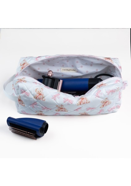 Ayıcık ve Kurdele Desenli Suya Dayanıklı Kapitoneli Saç Şekillendirici Çantası, Airwrap ve Tüm Saç Şekillendiricilerine Uyumlu çanta, Xl Boy Seyahat Çantası, Büyük Makyaj Çantası, fiyatları