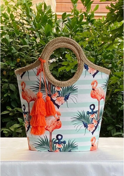 Plaj Çantası Çapalı Turuncu Flamingo