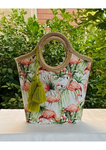 Plaj Çantası Flamingo Yeşil Yapraklı