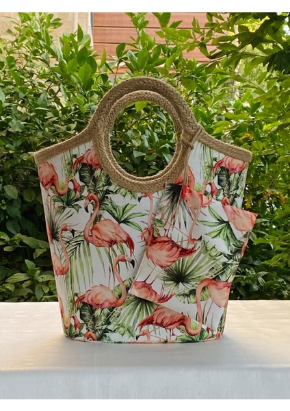 Plaj Çantası Flamingo Yeşil Yapraklı