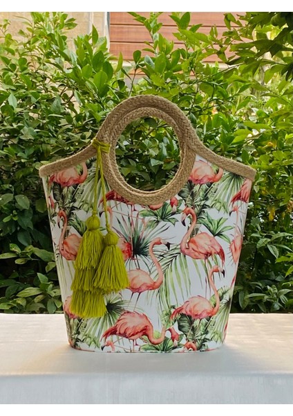 Plaj Çantası Flamingo Yeşil Yapraklı