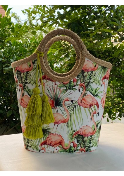 Plaj Çantası Flamingo Yeşil Yapraklı