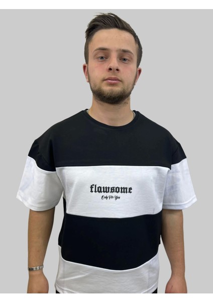 Erkek Flowsome Yuvarlak Yaka Oversize Parçalı Siyah-Beyaz Tişört