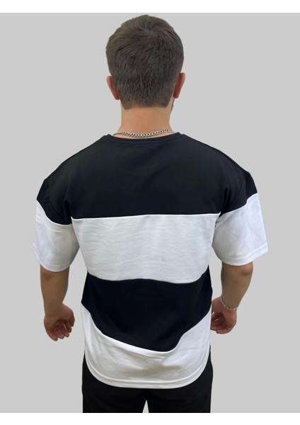 Erkek Flowsome Yuvarlak Yaka Oversize Parçalı Siyah-Beyaz Tişört fiyatları
