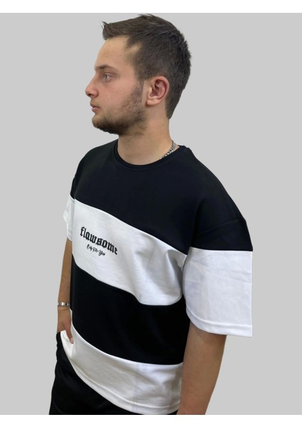 Erkek Flowsome Yuvarlak Yaka Oversize Parçalı Siyah-Beyaz Tişört modelleri