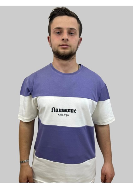 Erkek Flowsome Yuvarlak Yaka Oversize Parçalı Mor-Beyaz Tişört