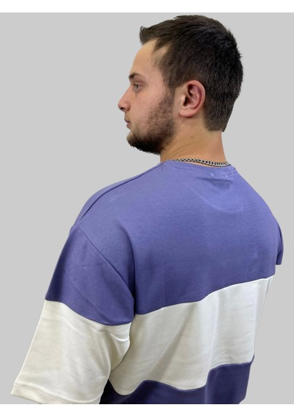 Erkek Flowsome Yuvarlak Yaka Oversize Parçalı Mor-Beyaz Tişört modelleri
