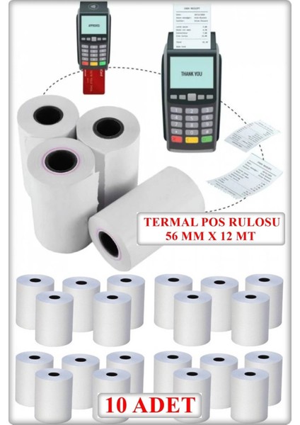 56X12 Termal Pos Kağıdı - Pos Rulosu - Yazarkasa Pos Kağıdı 10 Adet
