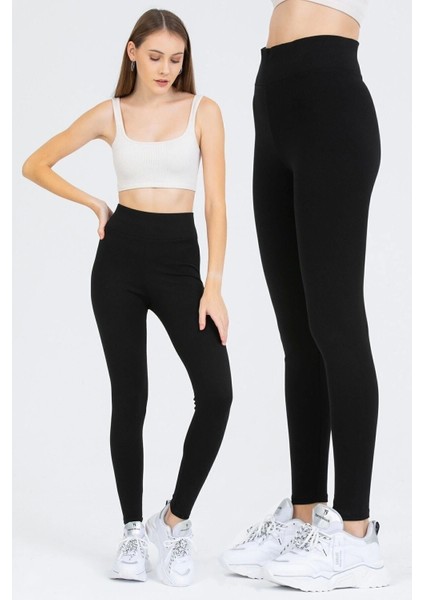 Kadın Siyah Yüksek Bel Toparlayıcı Çelik Interlok Düz Spor Tayt Pantolon