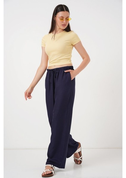 Geniş Paça Keten Pantolon 6735 - Lacivert