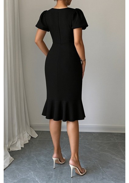 Kadın Kısa Kollu Yuvarlak Yaka Pileli Janjan Krep Elbise modelleri