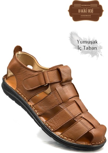 Hakiki Deri Burnu Kapalı Erkek Sandalet Taba