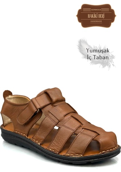 Hakiki Deri Burnu Kapalı Erkek Sandalet Taba