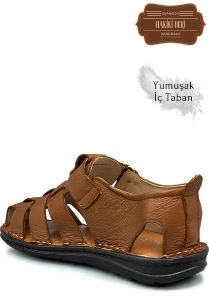 Hakiki Deri Burnu Kapalı Erkek Sandalet Taba