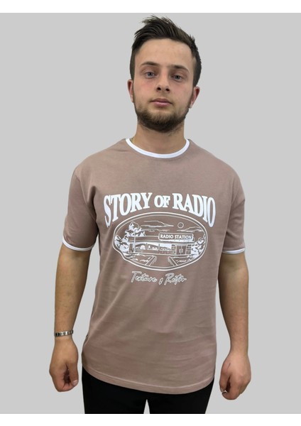 Erkek Story Yuvarlak Yaka Oversize Baskılı Pudra Tişört