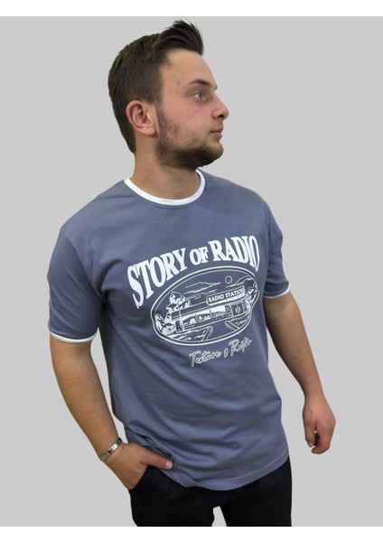 Erkek Story Yuvarlak Yaka Oversize Baskılı Buz Mavisi Tişört
