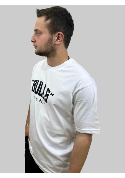 Erkek Chicago Yuvarlak Yaka Oversize Arka Baskılı Beyaz Tişört modelleri