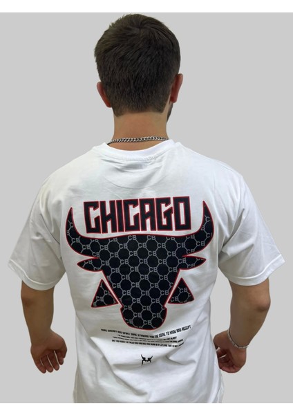 Erkek Chicago Yuvarlak Yaka Oversize Arka Baskılı Beyaz Tişört fırsatları