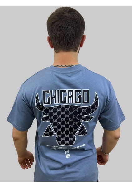 Erkek Chicago Yuvarlak Yaka Oversize Arka Baskılı Buz Mavisi Tişört fırsatları
