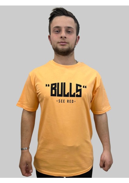 Erkek Chicago Yuvarlak Yaka Oversize Arka Baskılı Turuncu Tişört