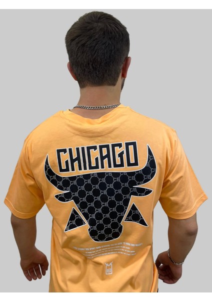 Erkek Chicago Yuvarlak Yaka Oversize Arka Baskılı Turuncu Tişört fırsatları
