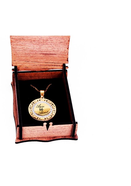 Sevgililer Günü Kişiye Özel Taşlı Gold Kolye Ahşap Kuyumcu Kutusu Doğum Günü Hediyesi