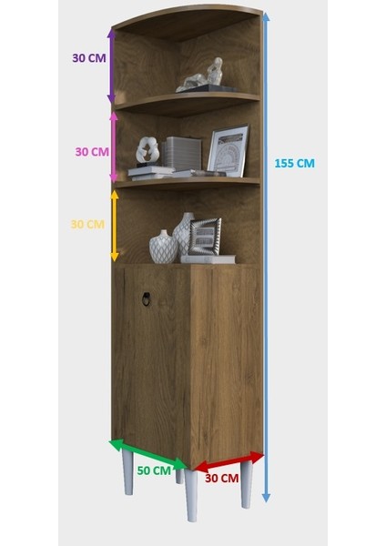 Eylül Çok Amaçlı Köşe Dolap Oval Banyo Dolabı Gümüşlük Kitaplık Köşelik Biblo indirimleri