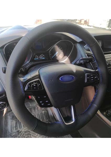 Dikişli Direksiyon Kılıfı Siyah / Noktalı Deri Mavi Dikişli F Or.d Focus 2015-16-17 Model Için