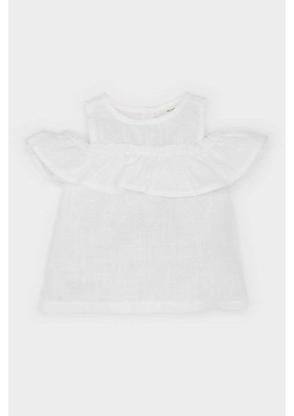 Yeni Sezon Kız Bebek Bisiklet Yaka Flamlı Poplin Kısa Kollu Bluz