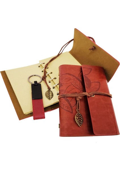 Özel Ahşap Kutulu Kiremit Rengi Deri Defter ve Anahtarlık Set fiyatları