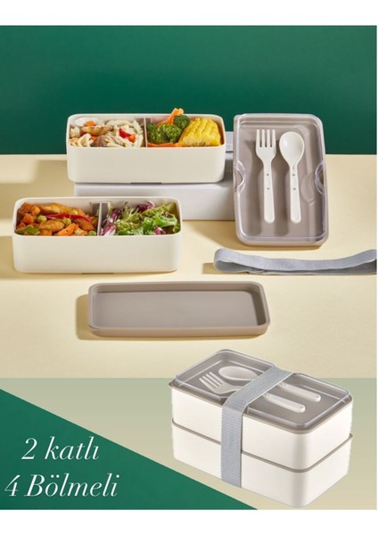 Lunch Box 2 Katlı Krem Çatal Kaşıklı Saklama Kabı 1003 Beslenme Kutusu Bölmeli Yemek Kutusu